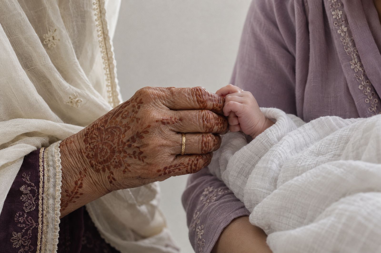 A grandmother's hennaed hand holds a newborn's tiny hand