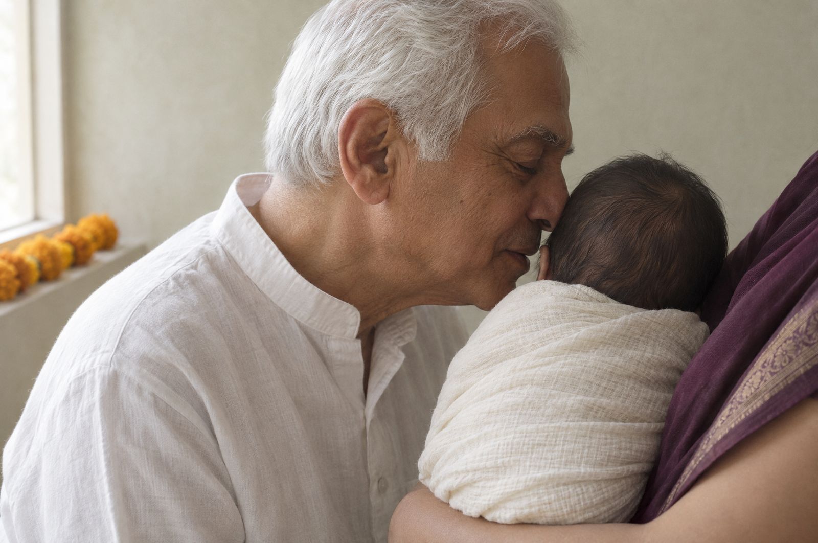 A grandfather leans in to whisper to a newborn held by the baby's mother