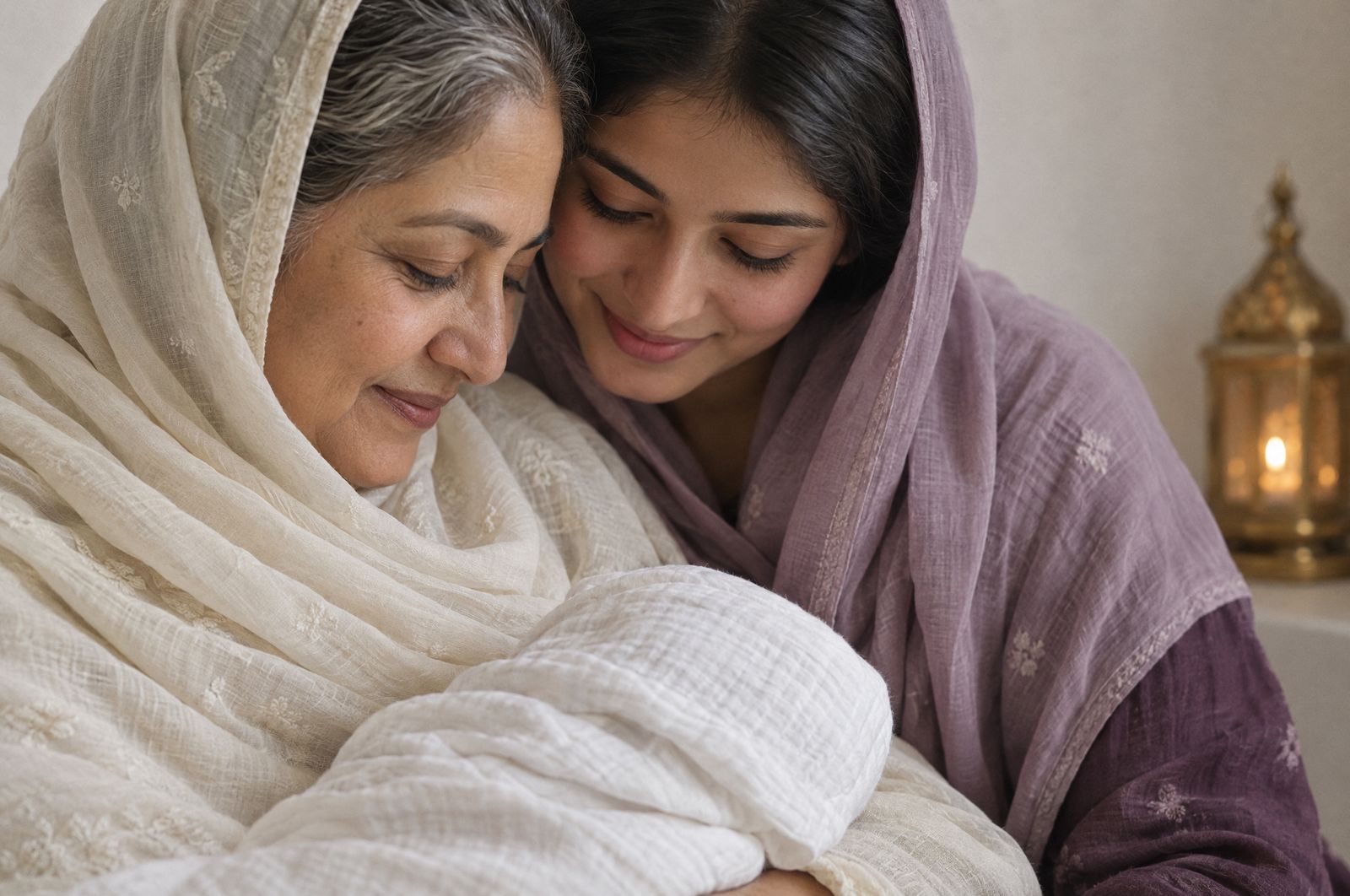 A grandmother and a young mother cradle a newborn wrapped in white muslin