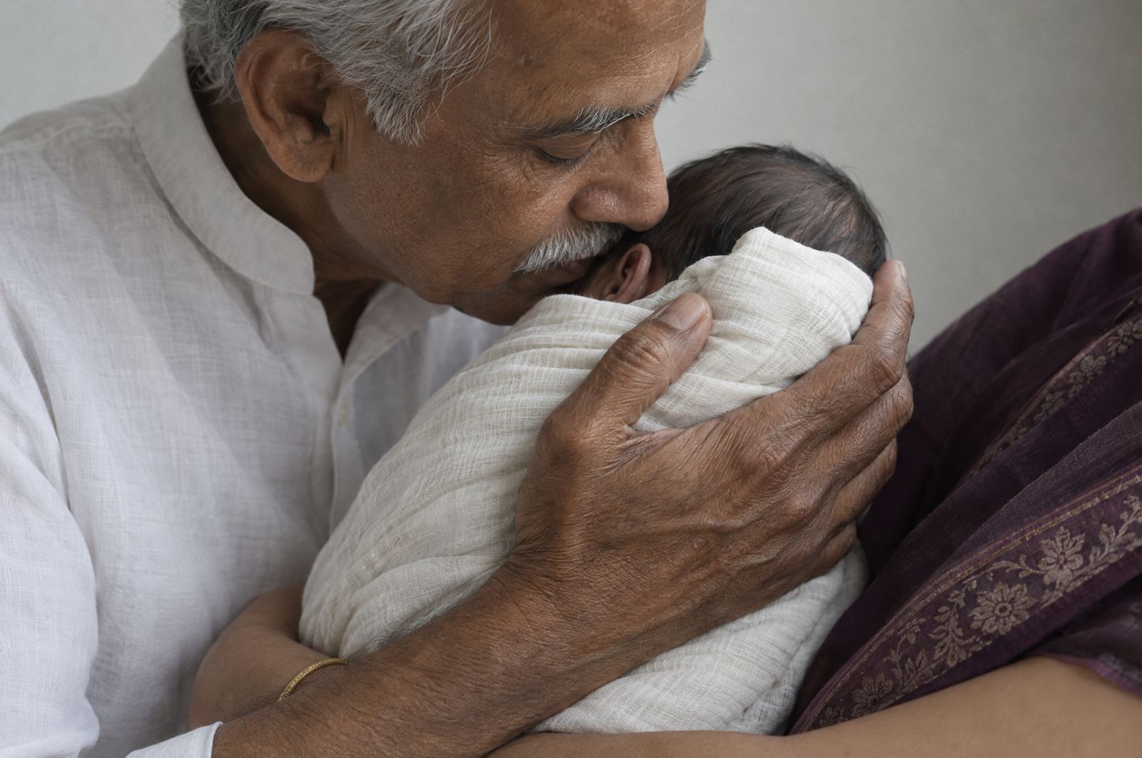 A grandfather's hand cradles a newborn's head as he leans in to whisper