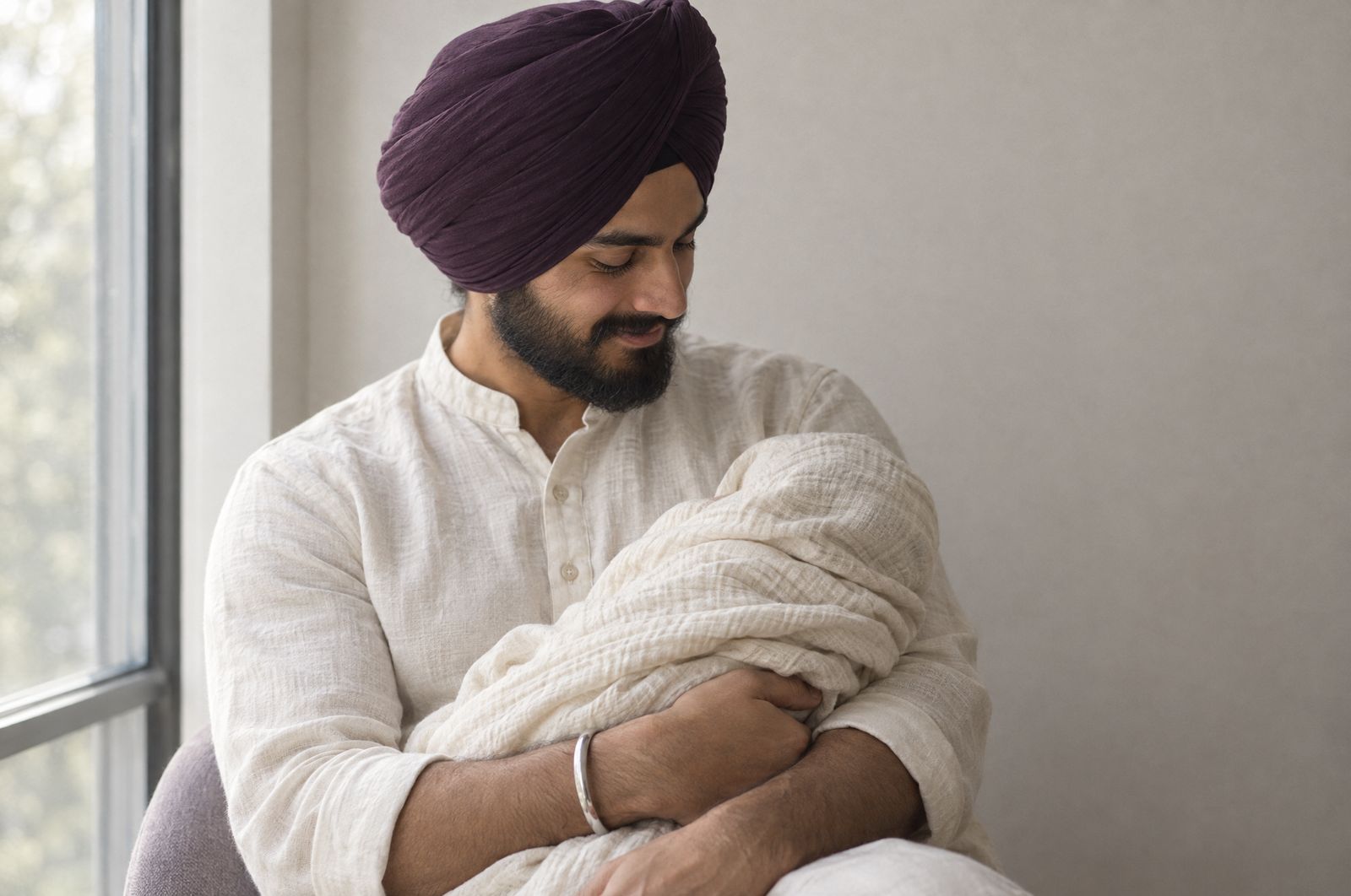 A Sikh father by a window cradles his newborn