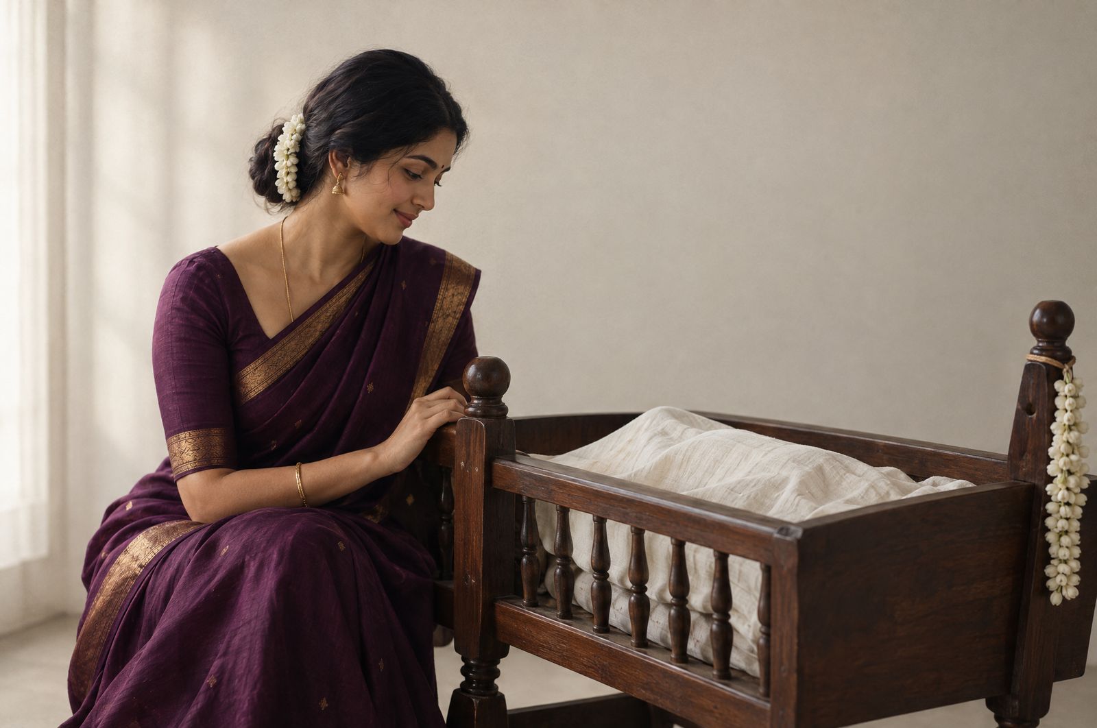 A mother in a silk sari sits beside a teak cradle tied with jasmine
